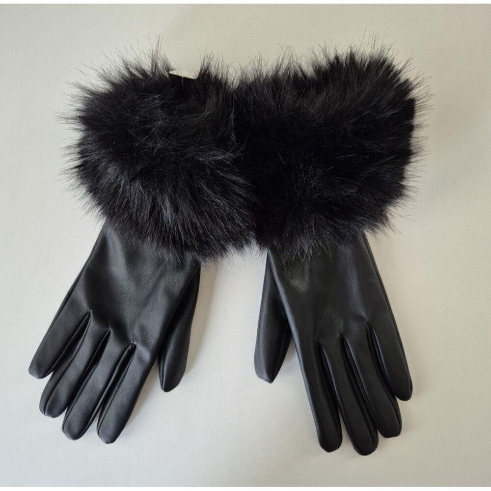 Black Polyurethane Faux Fur Cuff Stretch Classic Dress Up Gloves Womens Med/Lrg